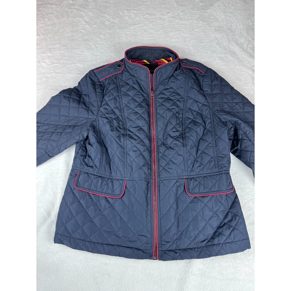 Talbots Quilted Military Coat Womens XL Navy Pockets Shoulder Epaulets Full Zip